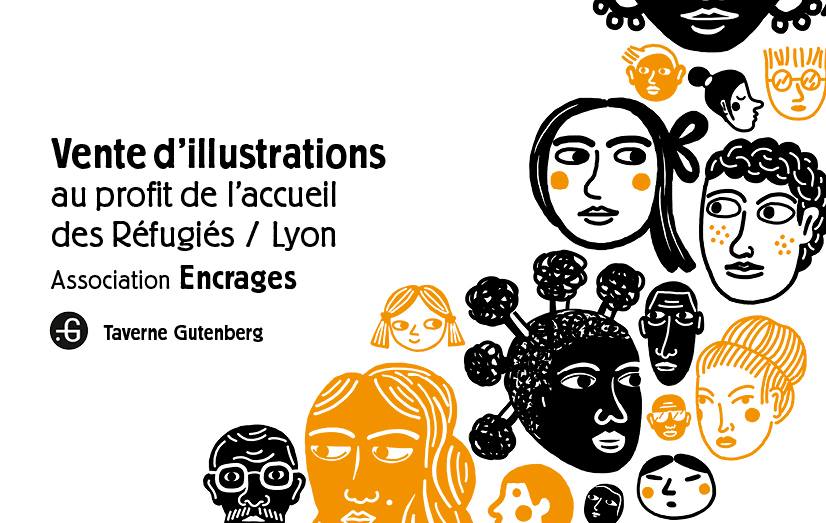 Affiche "Vente d'illustrations pour les réfugiés", Taverne Gutenberg, 07/02/2017