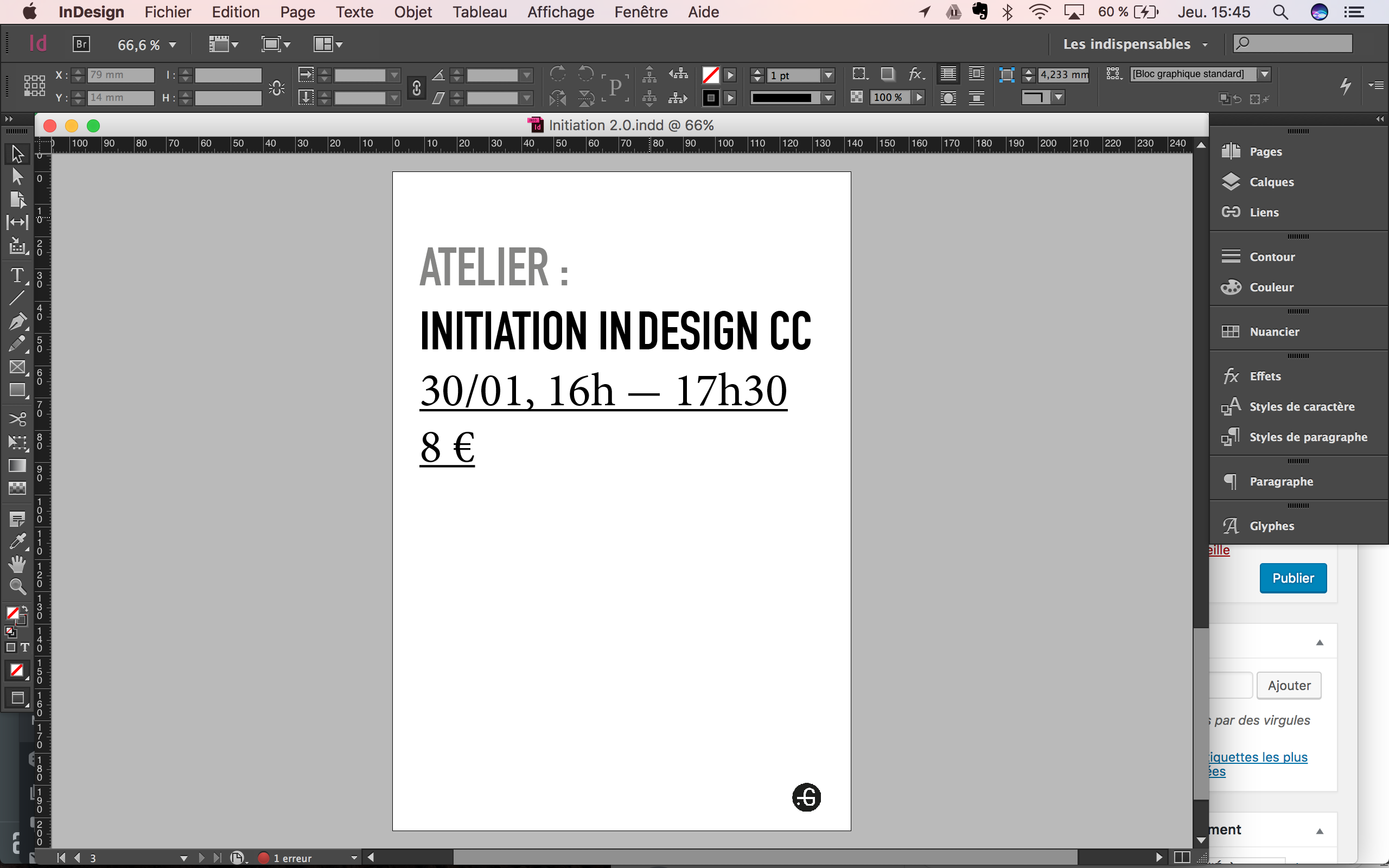 Affiche atelier / initiation au logiciel inDesign CC, Taverne Gutenberg, par Maïa d'Aboville